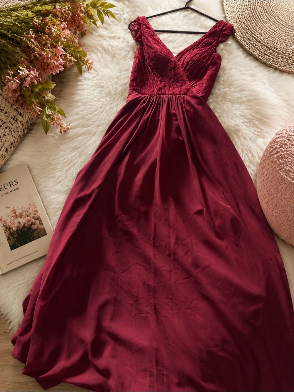 JJs House Burgundy V-Neck Lace Bodice A-Line Wedding Dress - Picture 3 of 7